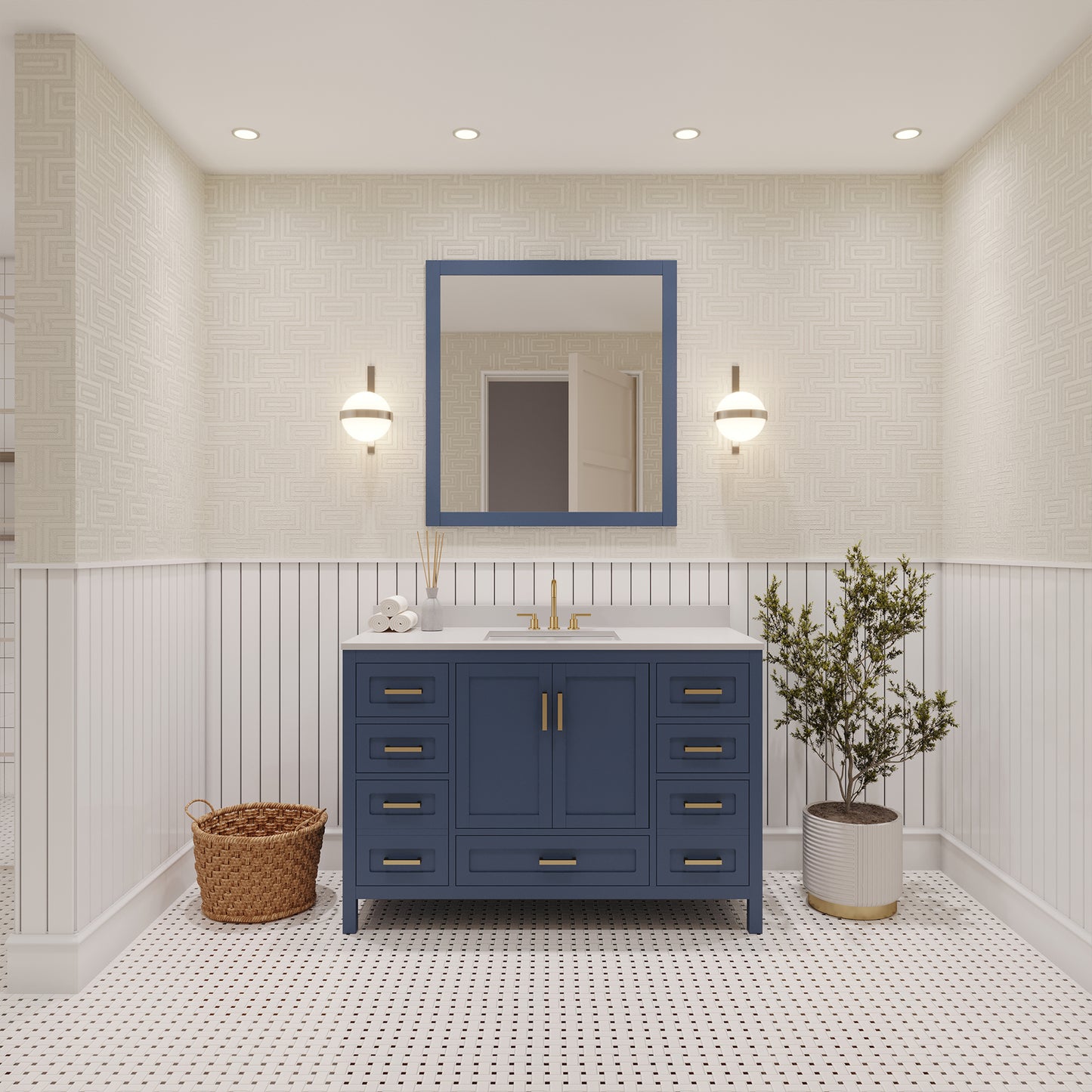 Rooh 48 Inch Solid Wood Bathroom Vanity with Undermount single Rectangle sink & White Quartz countertop 0.75 inch edge in white