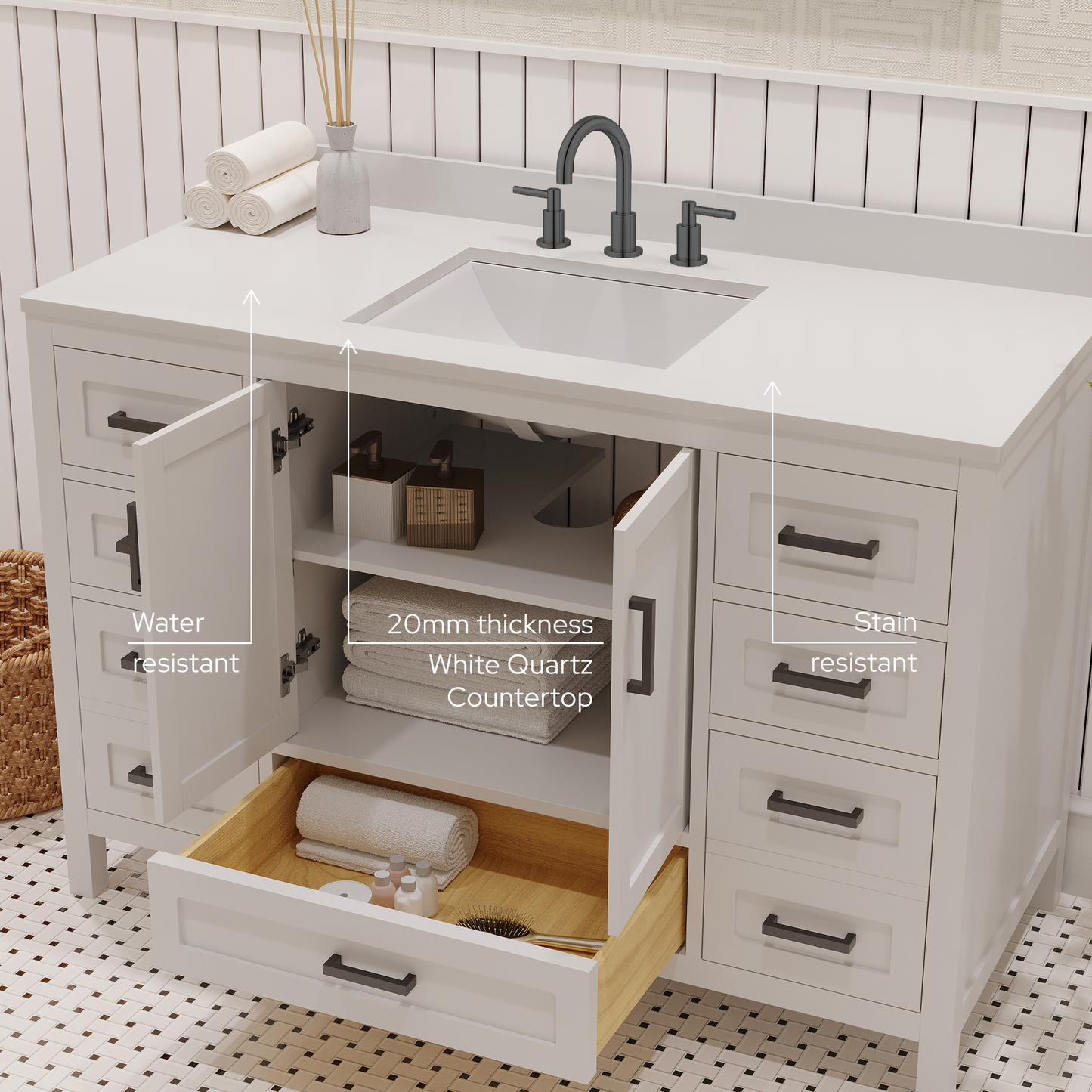 Rooh 48 Inch Solid Wood Bathroom Vanity with Undermount single Rectangle sink & White Quartz countertop 0.75 inch edge in white