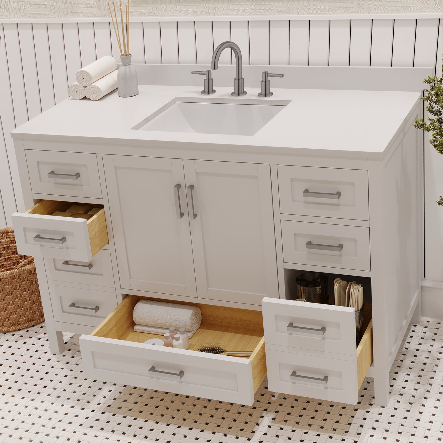 Rooh 48 Inch Solid Wood Bathroom Vanity with Undermount single Rectangle sink & White Quartz countertop 0.75 inch edge in white