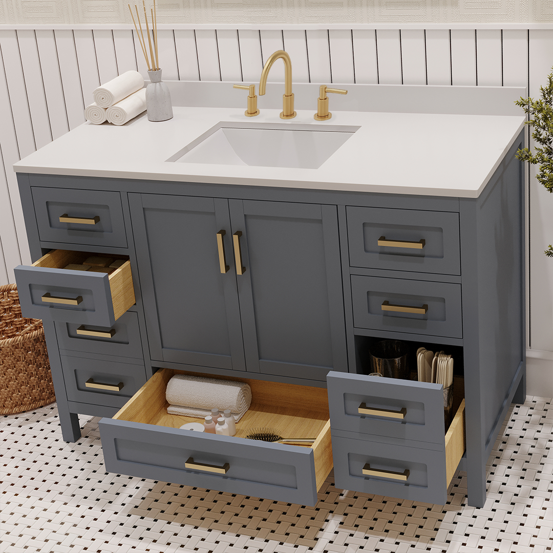 Rooh 48 Inch Solid Wood Bathroom Vanity with Undermount single Rectangle sink & White Quartz countertop 0.75 inch edge in white