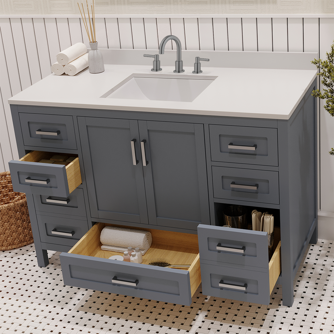 Rooh 48 Inch Solid Wood Bathroom Vanity with Undermount single Rectangle sink & White Quartz countertop 0.75 inch edge in white