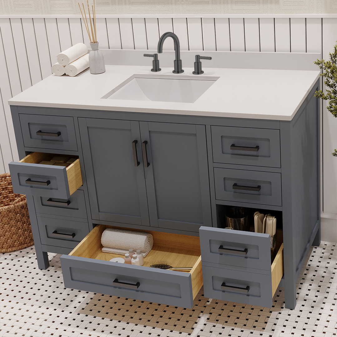 Rooh 48 Inch Solid Wood Bathroom Vanity with Undermount single Rectangle sink & White Quartz countertop 0.75 inch edge in white
