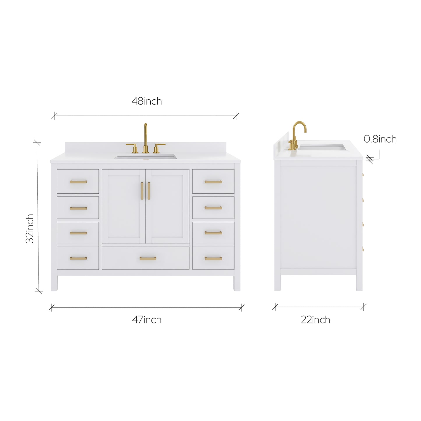 Rooh 48 Inch Solid Wood Bathroom Vanity with Undermount single Rectangle sink & White Quartz countertop 0.75 inch edge in white