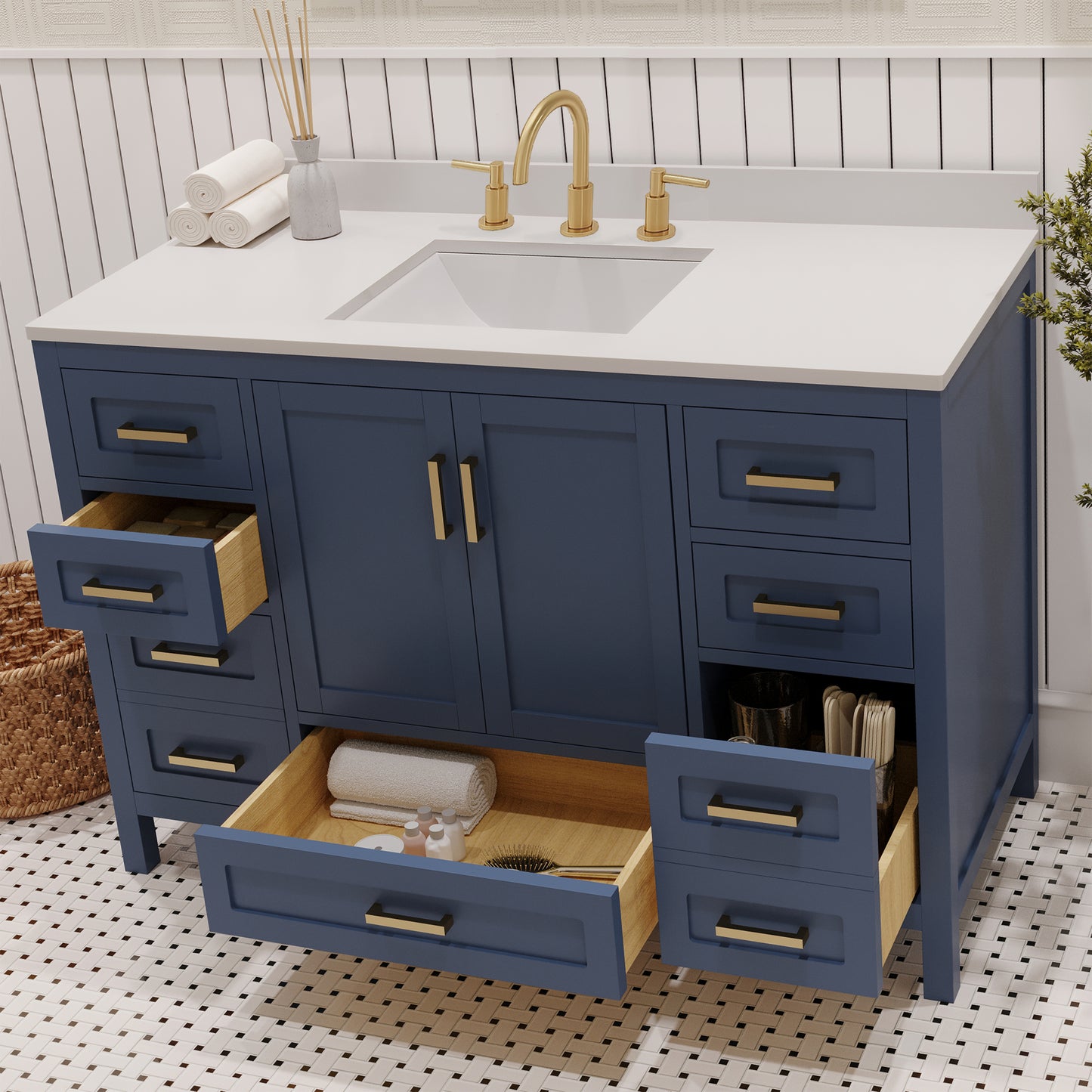 Rooh 48 Inch Solid Wood Bathroom Vanity with Undermount single Rectangle sink & White Quartz countertop 0.75 inch edge in white