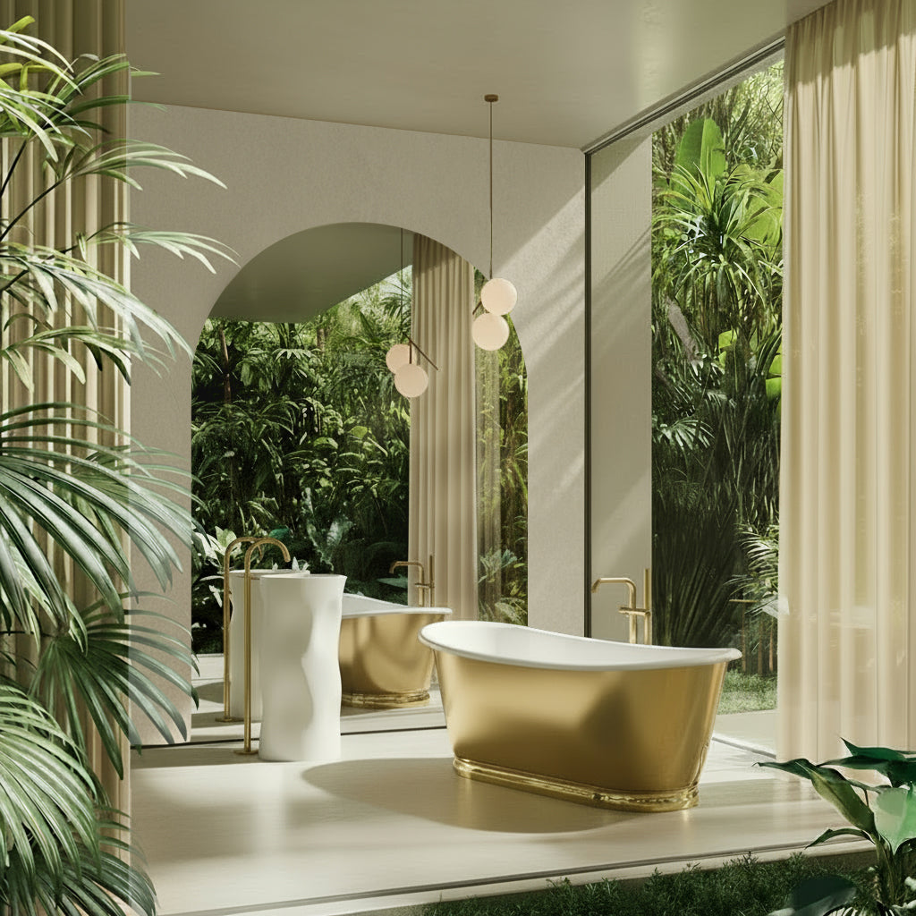 Ayna Decors Velona 67" Freestanding Oval Cast Iron Bathtub – Handcrafted Masterpiece with Gold Enameled Finish and Sculptural Grace