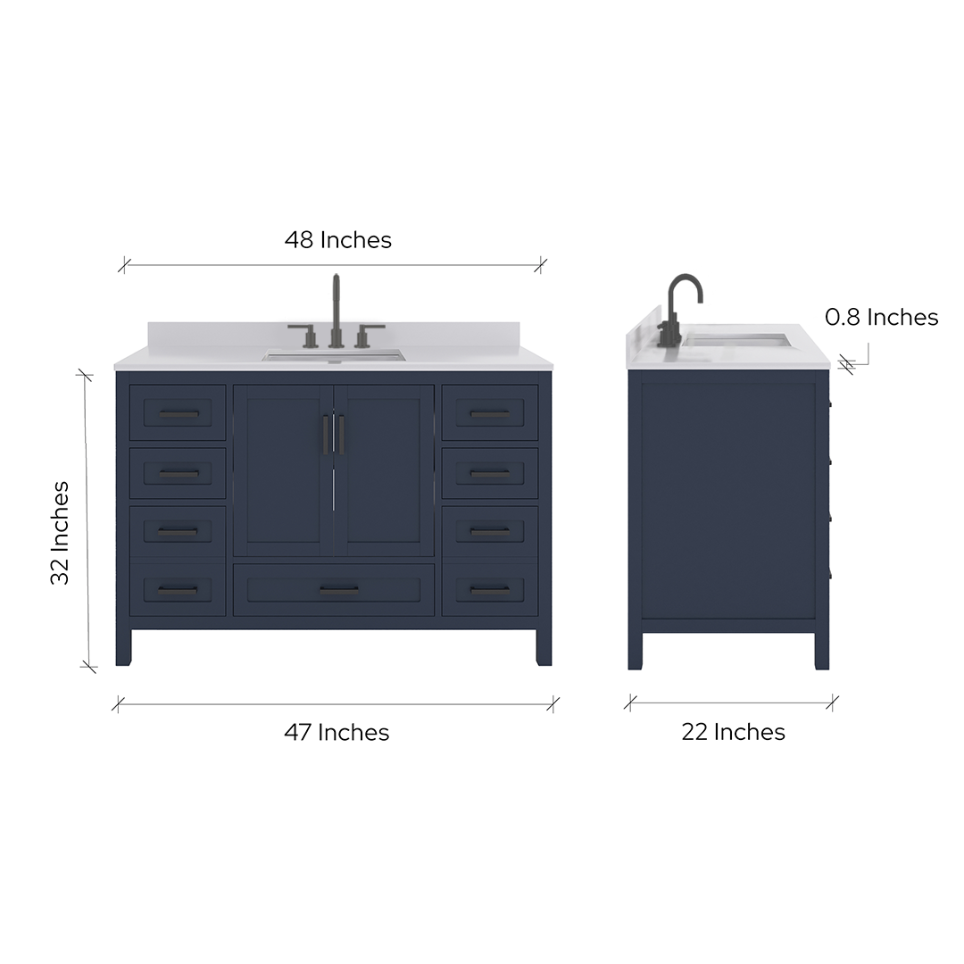 Rooh 48 Inch Solid Wood Bathroom Vanity with Undermount single Rectangle sink & White Quartz countertop 0.75 inch edge in white