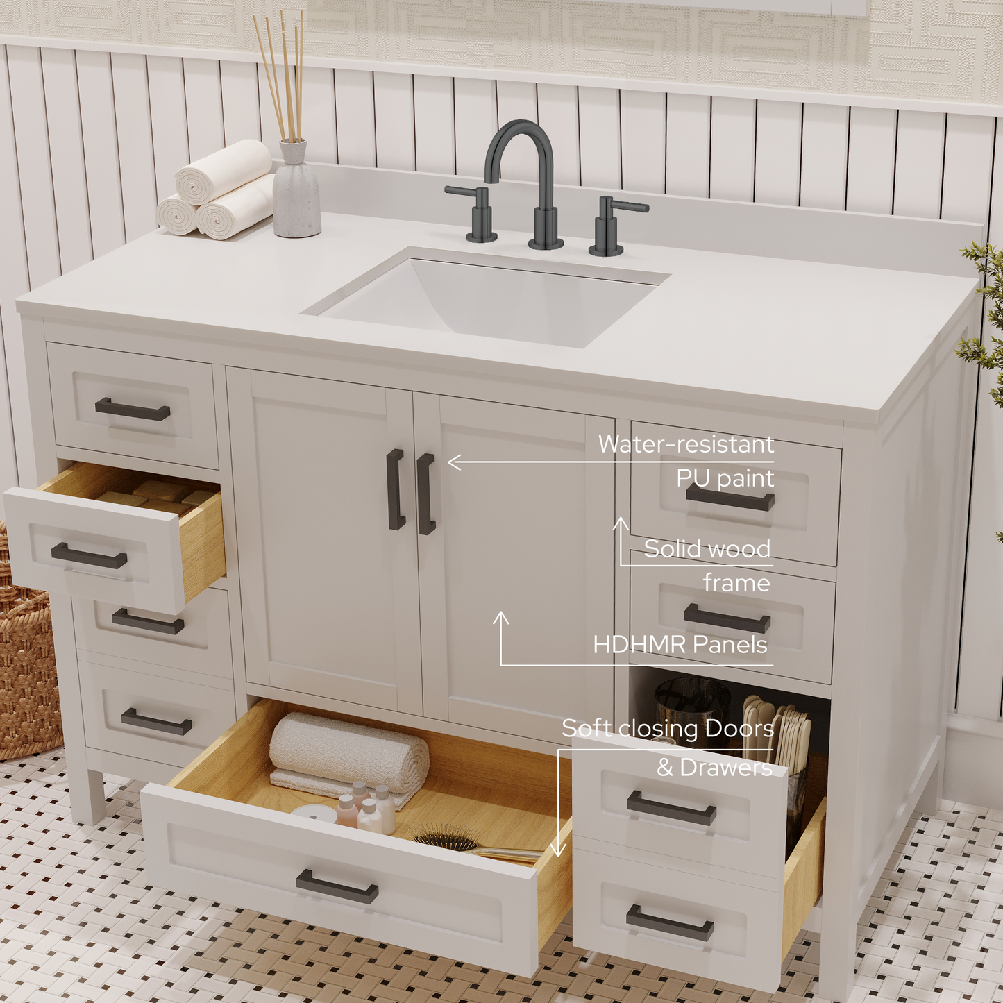 Rooh 48 Inch Solid Wood Bathroom Vanity with Undermount single Rectangle sink & White Quartz countertop 0.75 inch edge in white