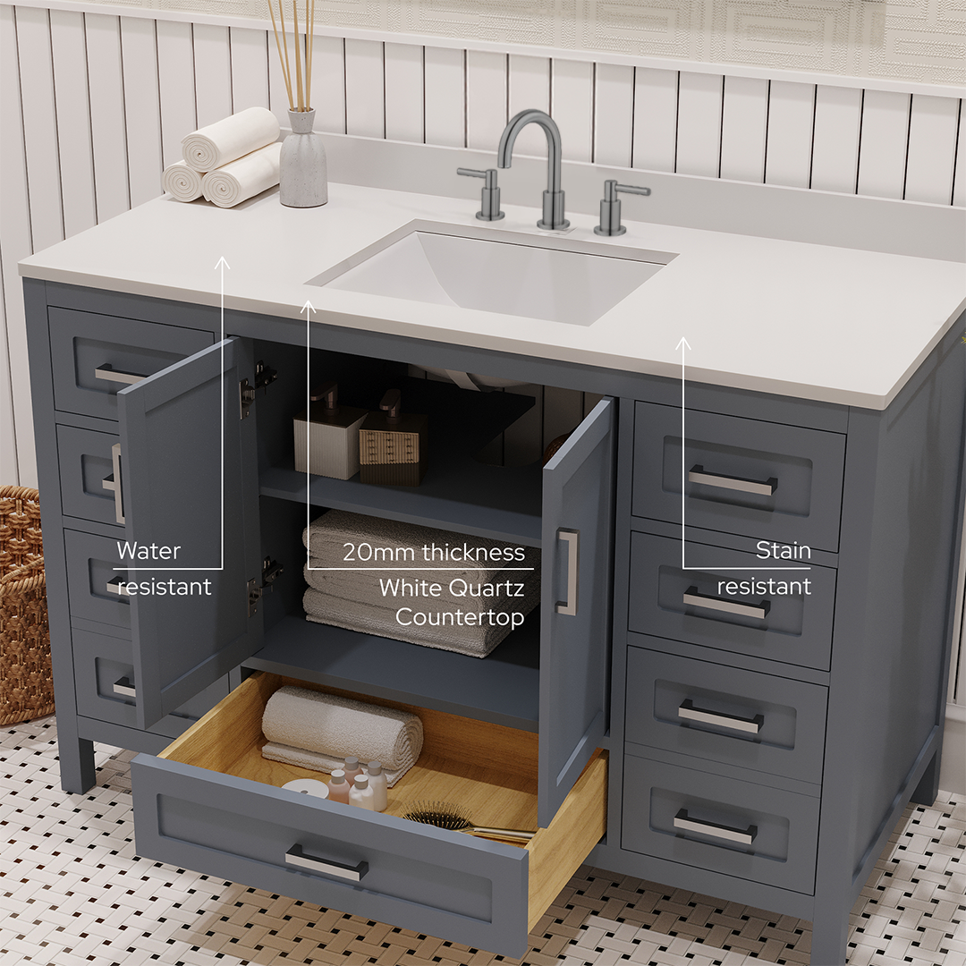 Rooh 48 Inch Solid Wood Bathroom Vanity with Undermount single Rectangle sink & White Quartz countertop 0.75 inch edge in white