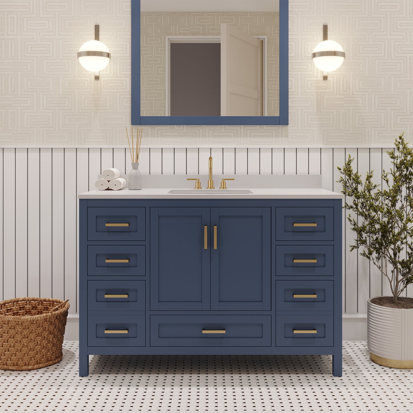 Rooh 48 Inch Solid Wood Bathroom Vanity with Undermount single Rectangle sink & White Quartz countertop 0.75 inch edge in white