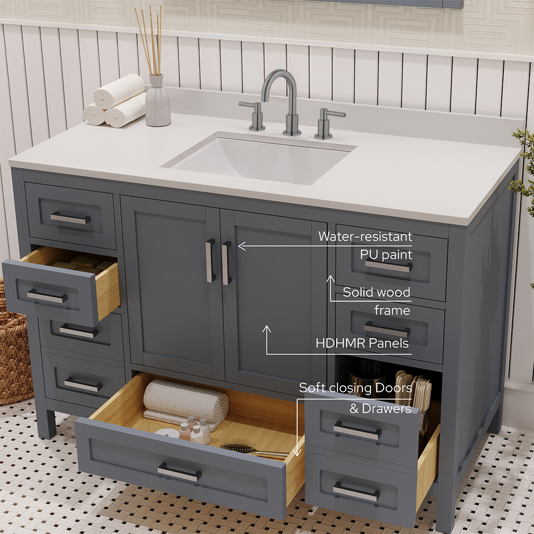 Rooh 48 Inch Solid Wood Bathroom Vanity with Undermount single Rectangle sink & White Quartz countertop 0.75 inch edge in white
