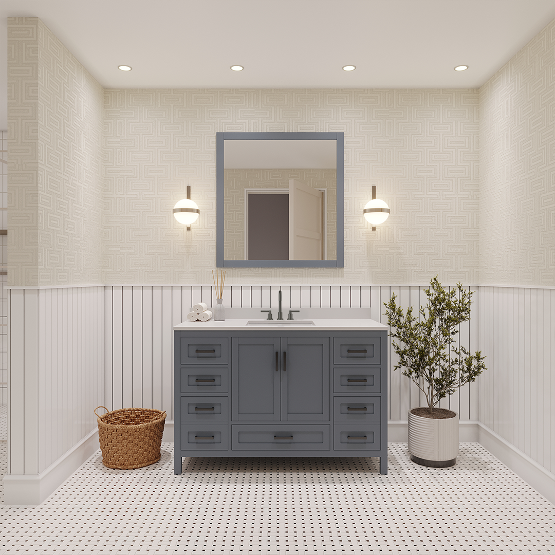 Rooh 48 Inch Solid Wood Bathroom Vanity with Undermount single Rectangle sink & White Quartz countertop 0.75 inch edge in white