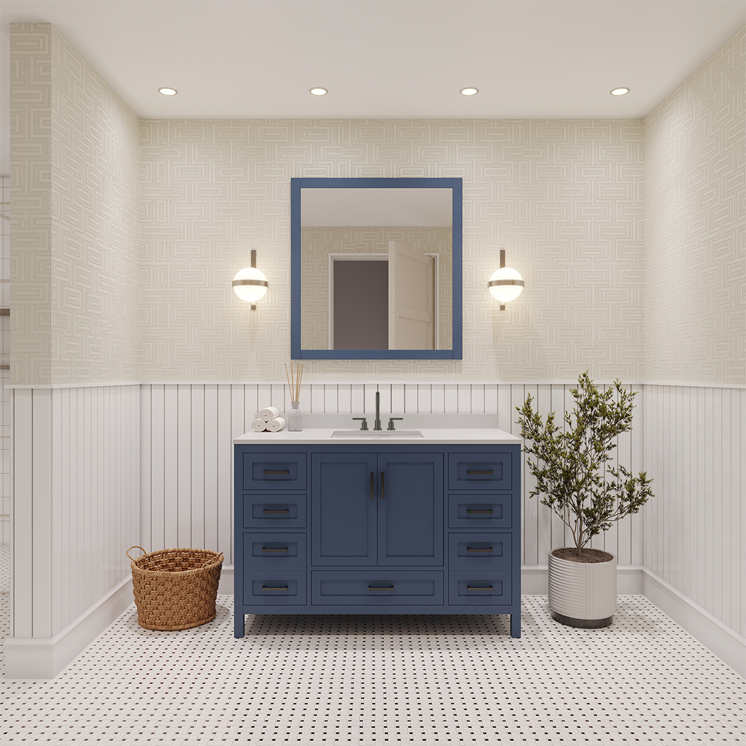 Rooh 48 Inch Solid Wood Bathroom Vanity with Undermount single Rectangle sink & White Quartz countertop 0.75 inch edge in white