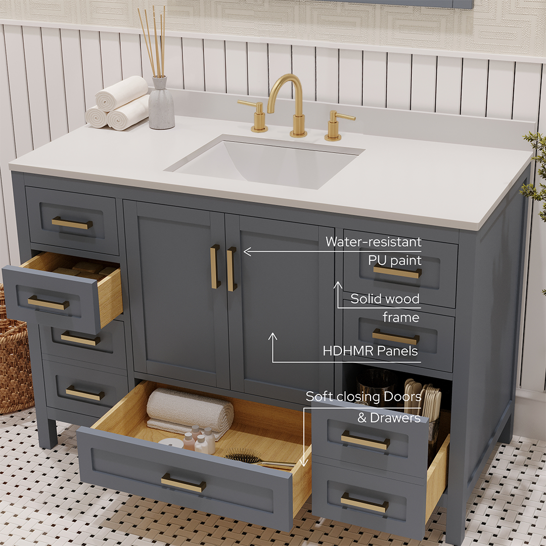 Rooh 48 Inch Solid Wood Bathroom Vanity with Undermount single Rectangle sink & White Quartz countertop 0.75 inch edge in white