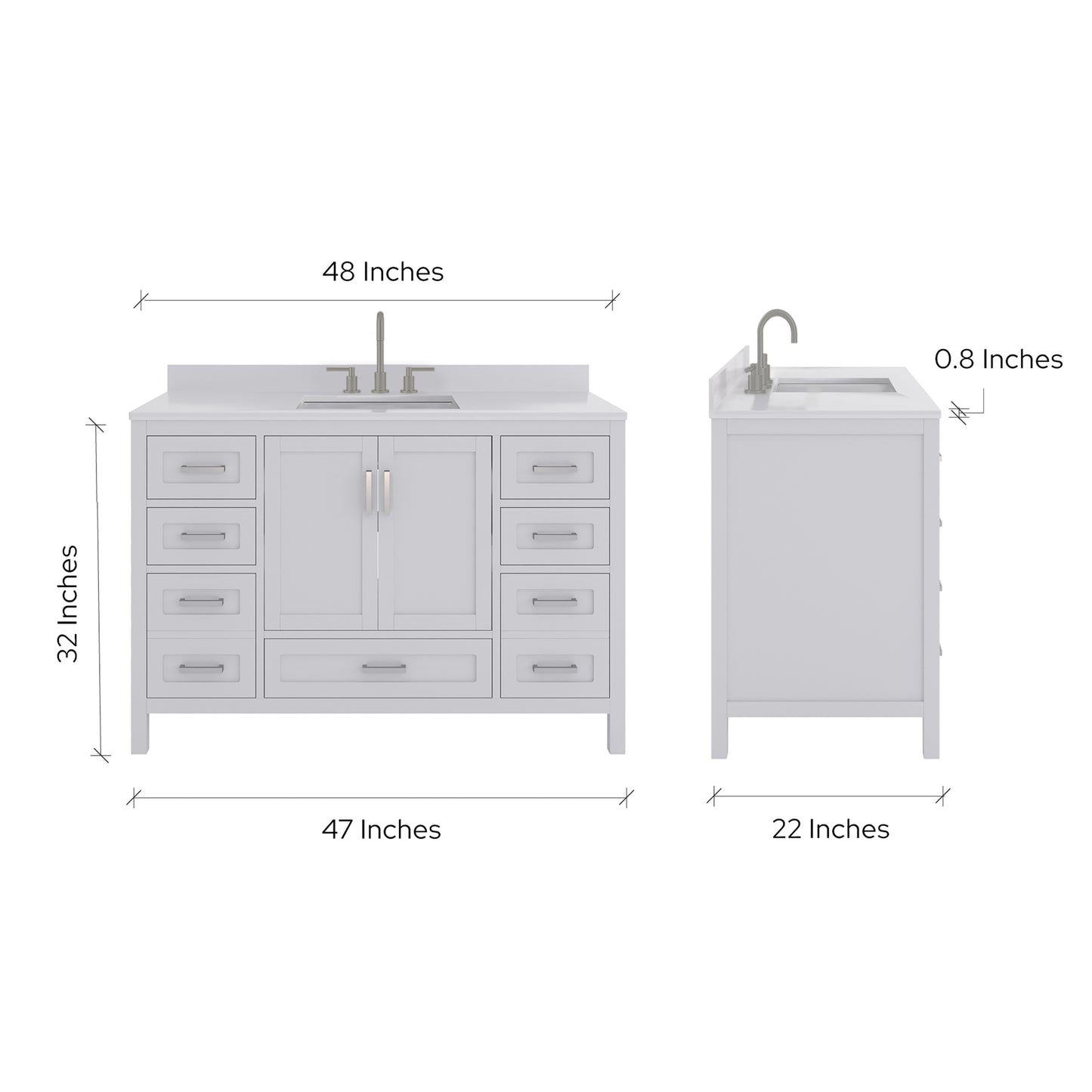 Rooh 48 Inch Solid Wood Bathroom Vanity with Undermount single Rectangle sink & White Quartz countertop 0.75 inch edge in white