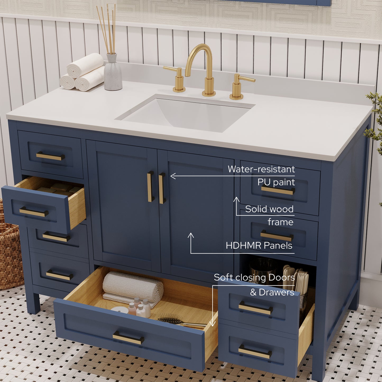 Rooh 48 Inch Solid Wood Bathroom Vanity with Undermount single Rectangle sink & White Quartz countertop 0.75 inch edge in white