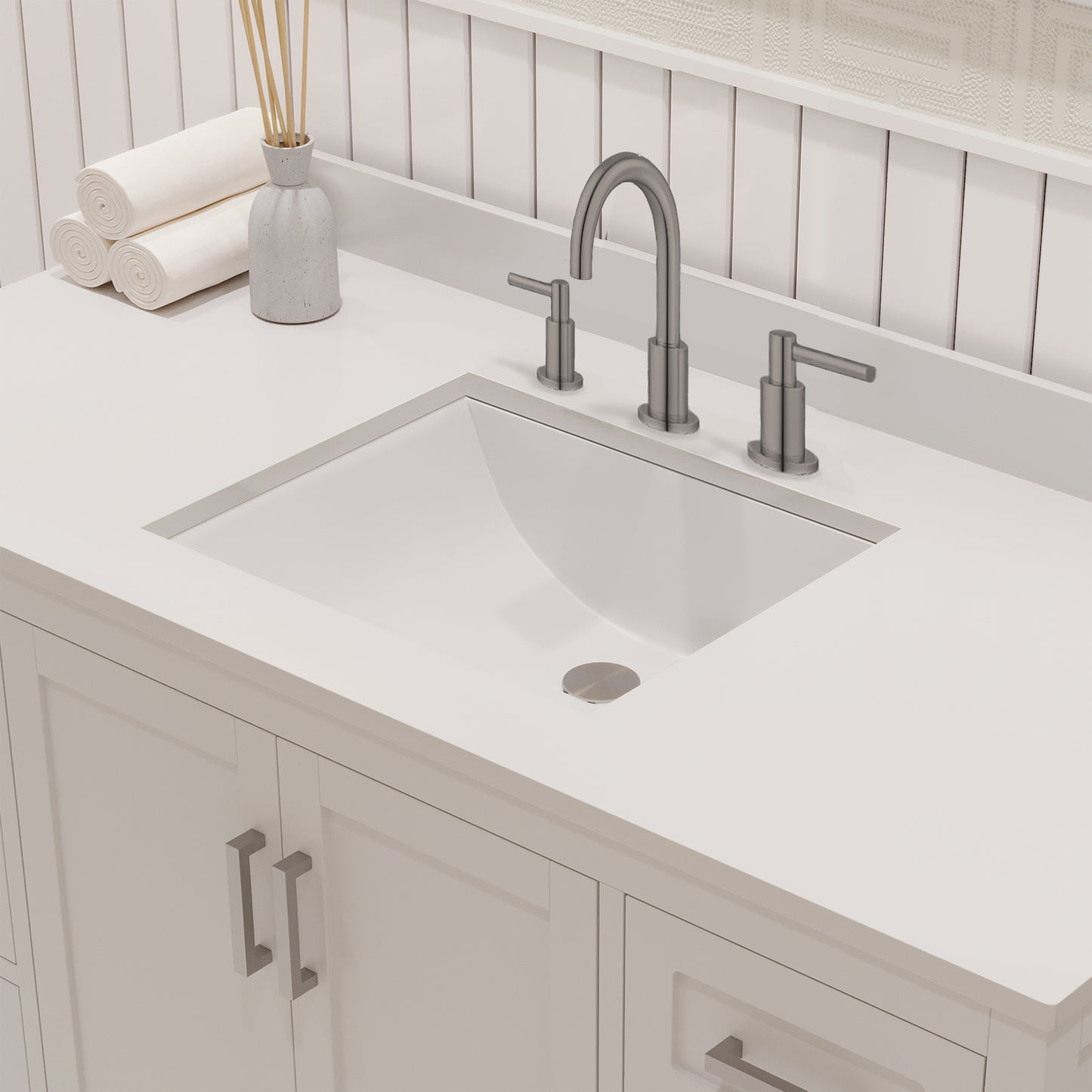 Rooh 48 Inch Solid Wood Bathroom Vanity with Undermount single Rectangle sink & White Quartz countertop 0.75 inch edge in white