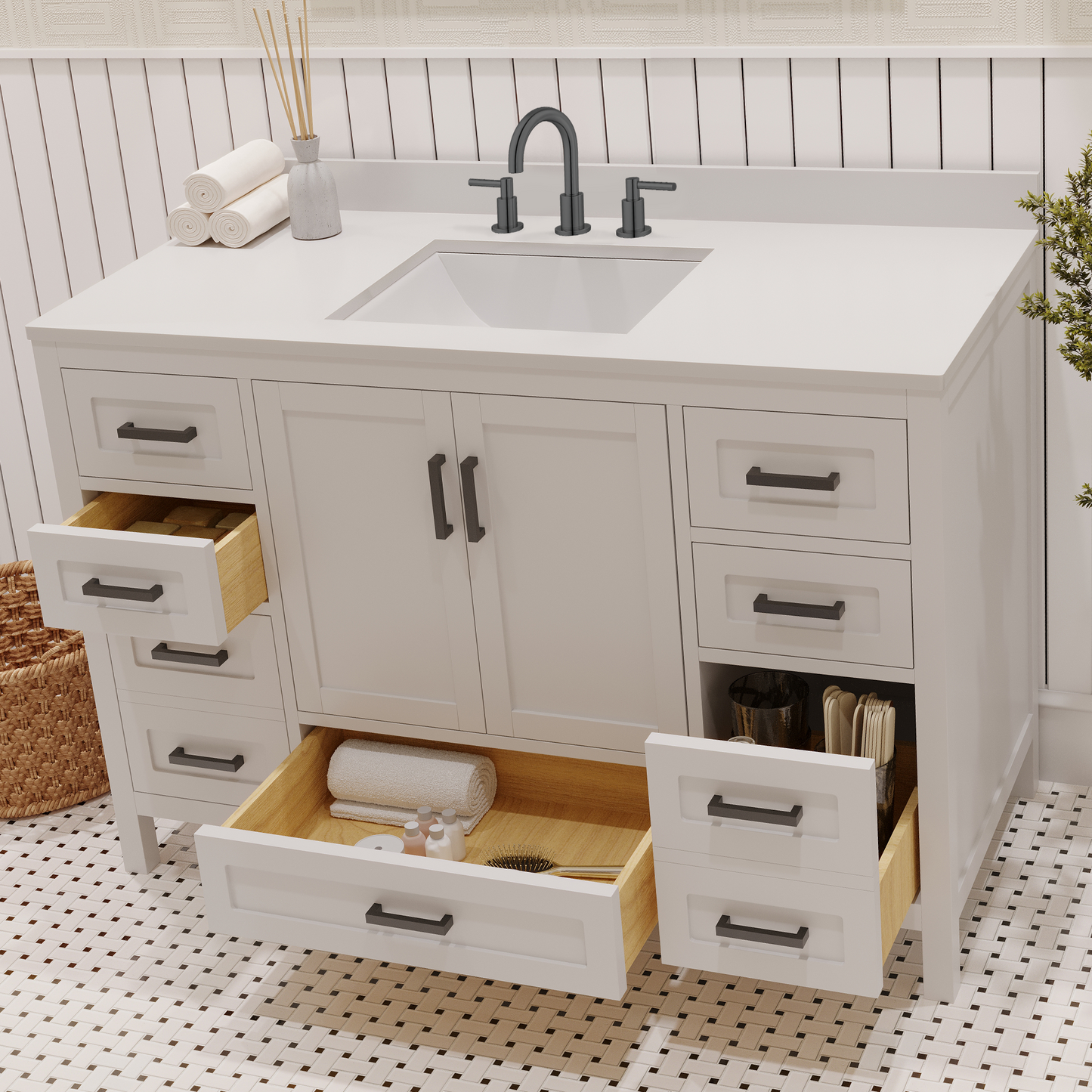 Rooh 48 Inch Solid Wood Bathroom Vanity with Undermount single Rectangle sink & White Quartz countertop 0.75 inch edge in white