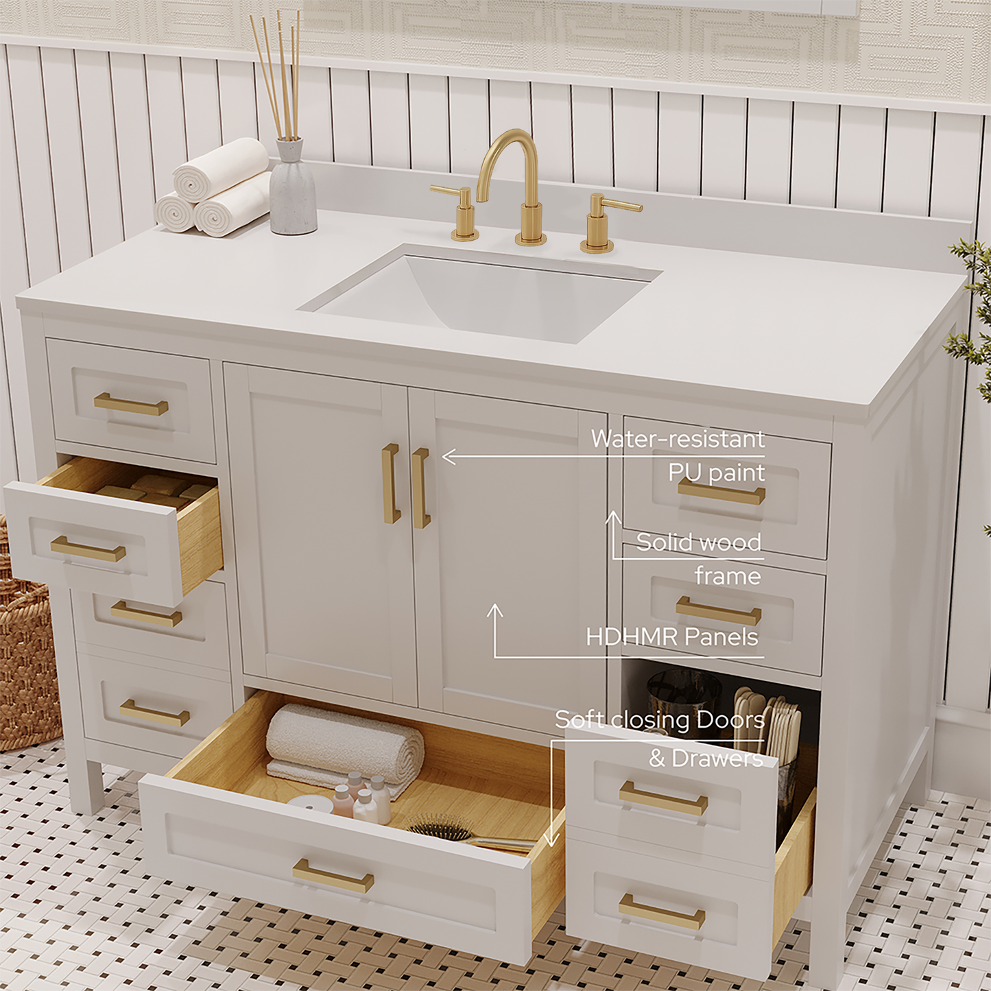 Rooh 48 Inch Solid Wood Bathroom Vanity with Undermount single Rectangle sink & White Quartz countertop 0.75 inch edge in white