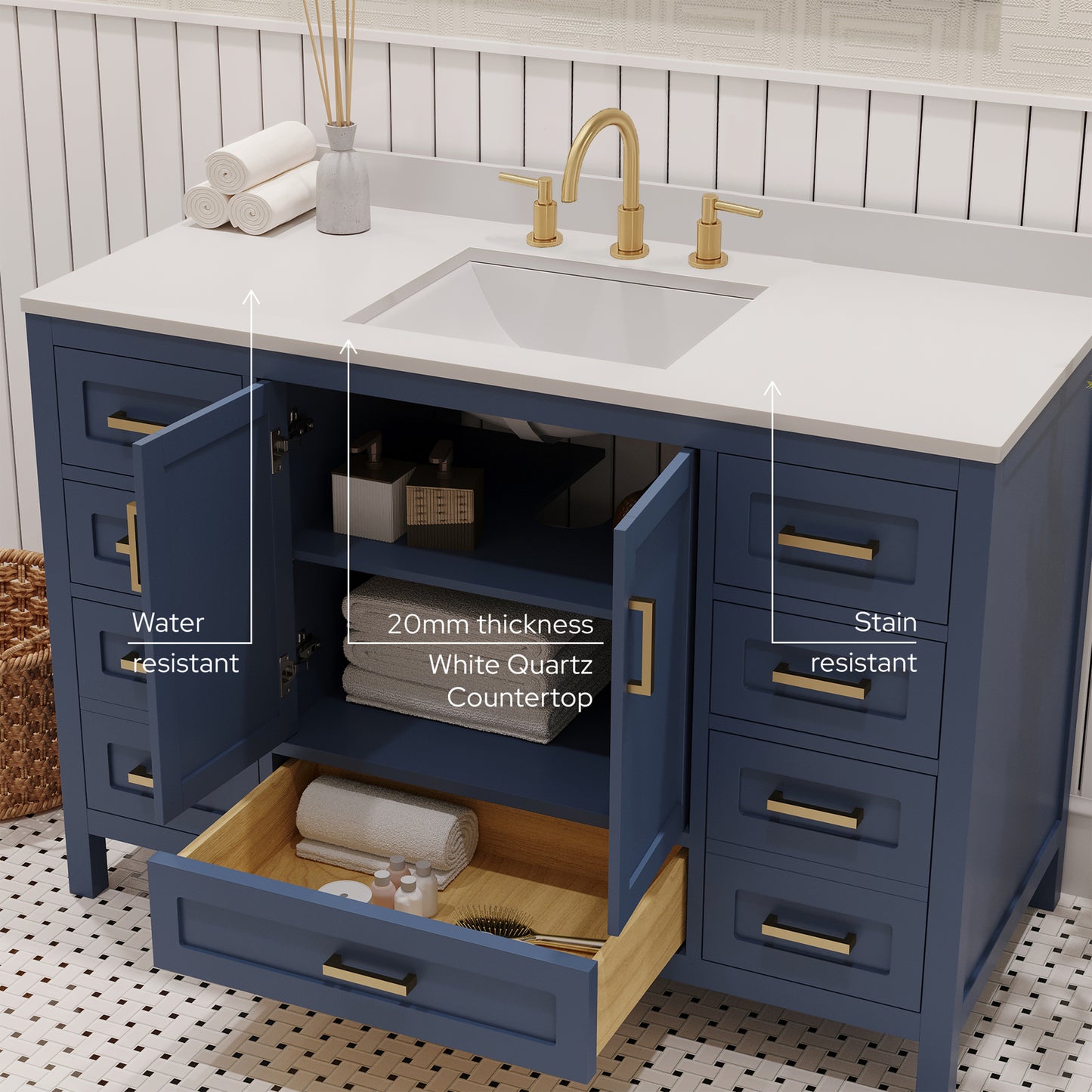 Rooh 48 Inch Solid Wood Bathroom Vanity with Undermount single Rectangle sink & White Quartz countertop 0.75 inch edge in white