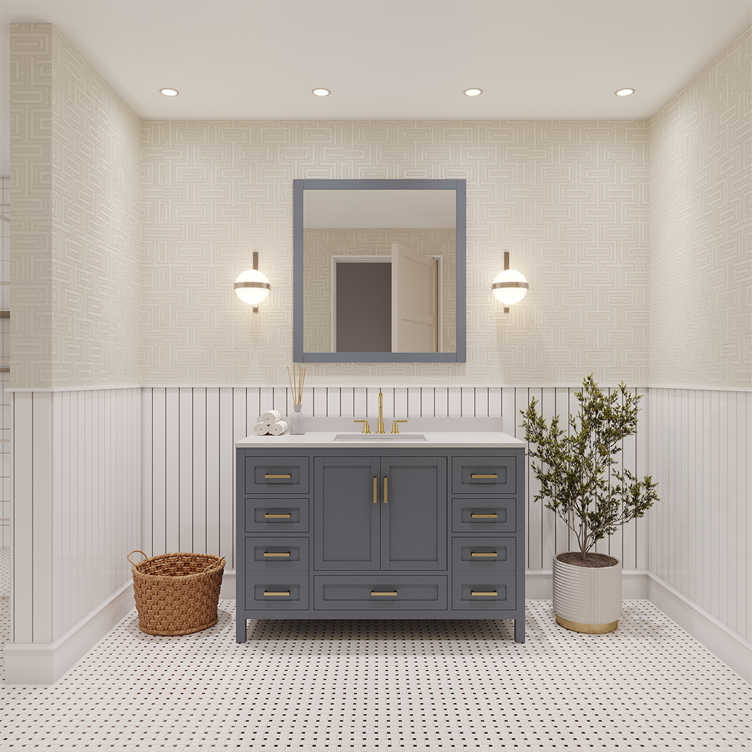 Rooh 48 Inch Solid Wood Bathroom Vanity with Undermount single Rectangle sink & White Quartz countertop 0.75 inch edge in white
