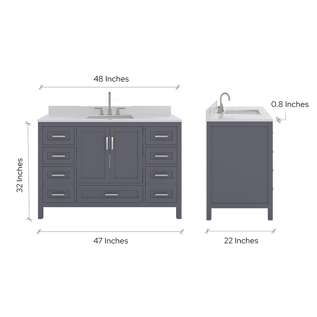 Rooh 48 Inch Solid Wood Bathroom Vanity with Undermount single Rectangle sink & White Quartz countertop 0.75 inch edge in white