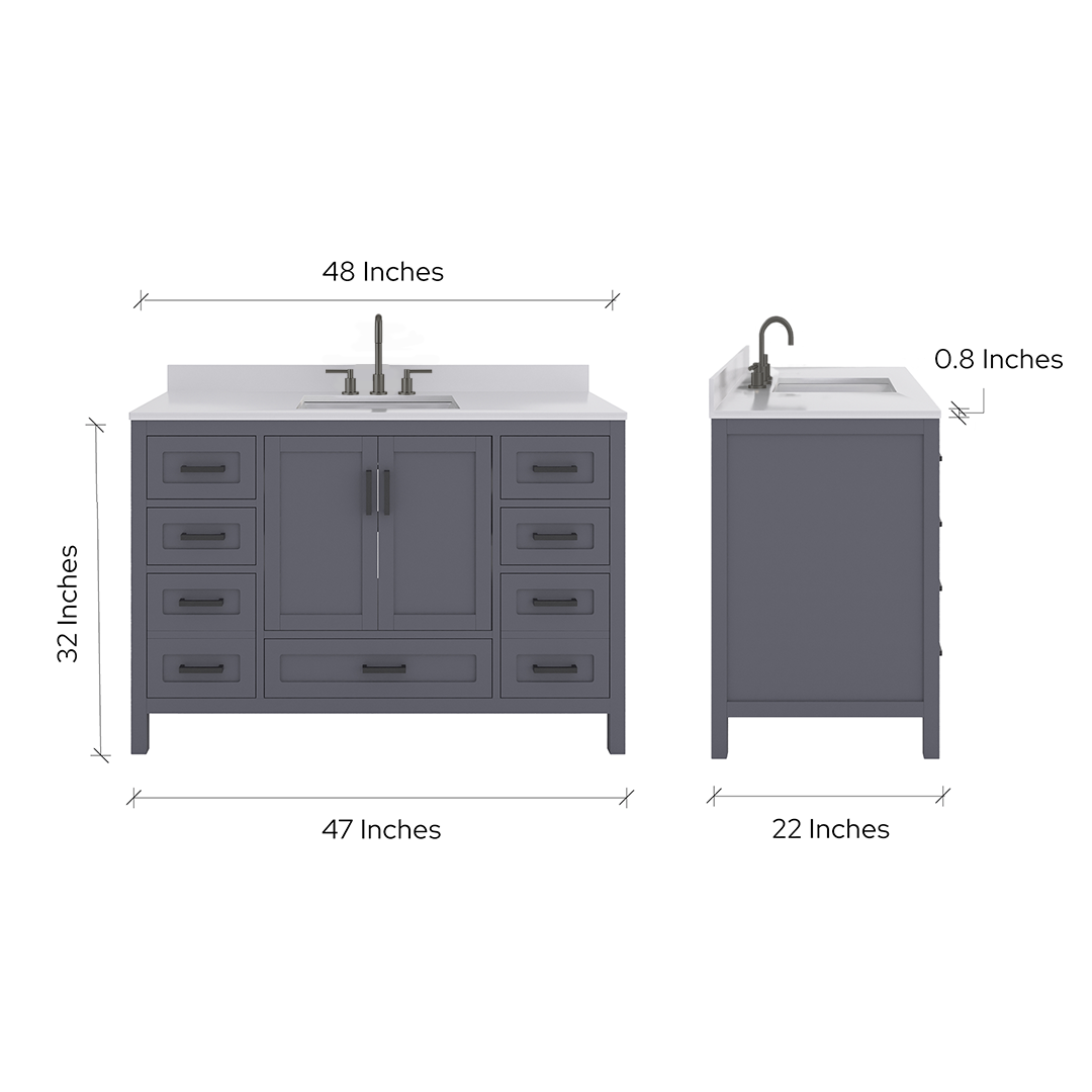 Rooh 48 Inch Solid Wood Bathroom Vanity with Undermount single Rectangle sink & White Quartz countertop 0.75 inch edge in white