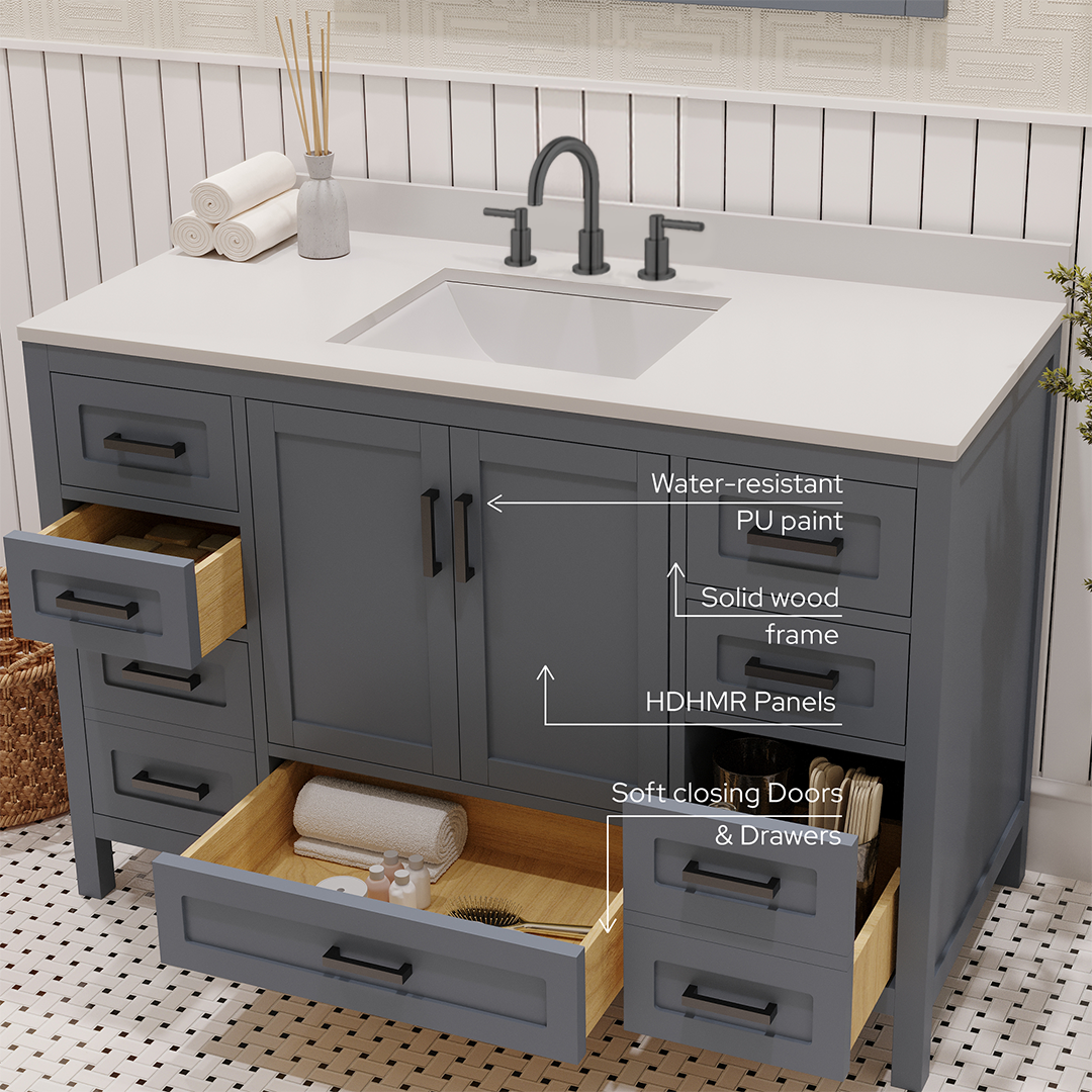 Rooh 48 Inch Solid Wood Bathroom Vanity with Undermount single Rectangle sink & White Quartz countertop 0.75 inch edge in white
