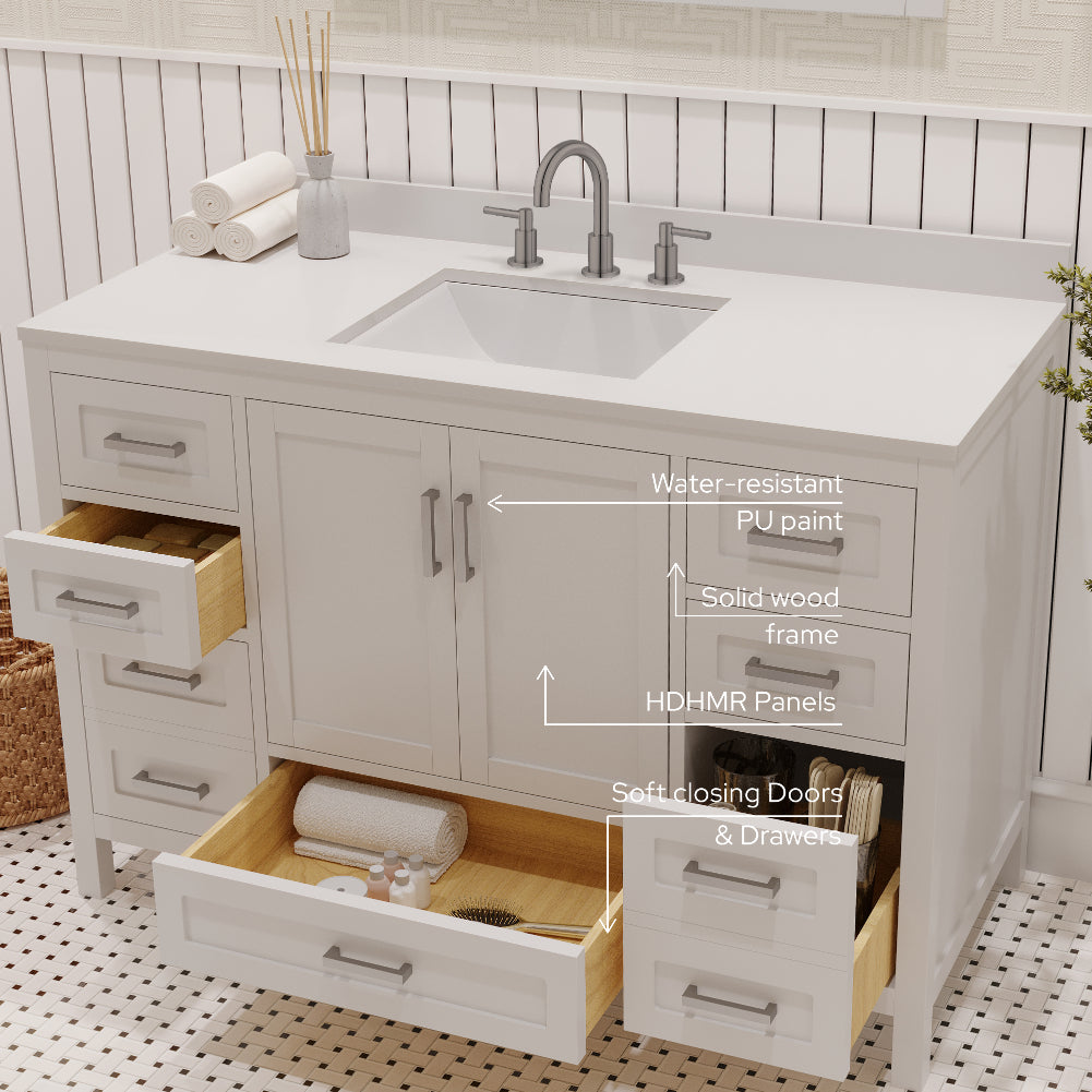 Rooh 48 Inch Solid Wood Bathroom Vanity with Undermount single Rectangle sink & White Quartz countertop 0.75 inch edge in white
