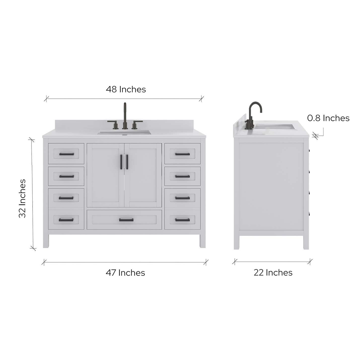Rooh 48 Inch Solid Wood Bathroom Vanity with Undermount single Rectangle sink & White Quartz countertop 0.75 inch edge in white