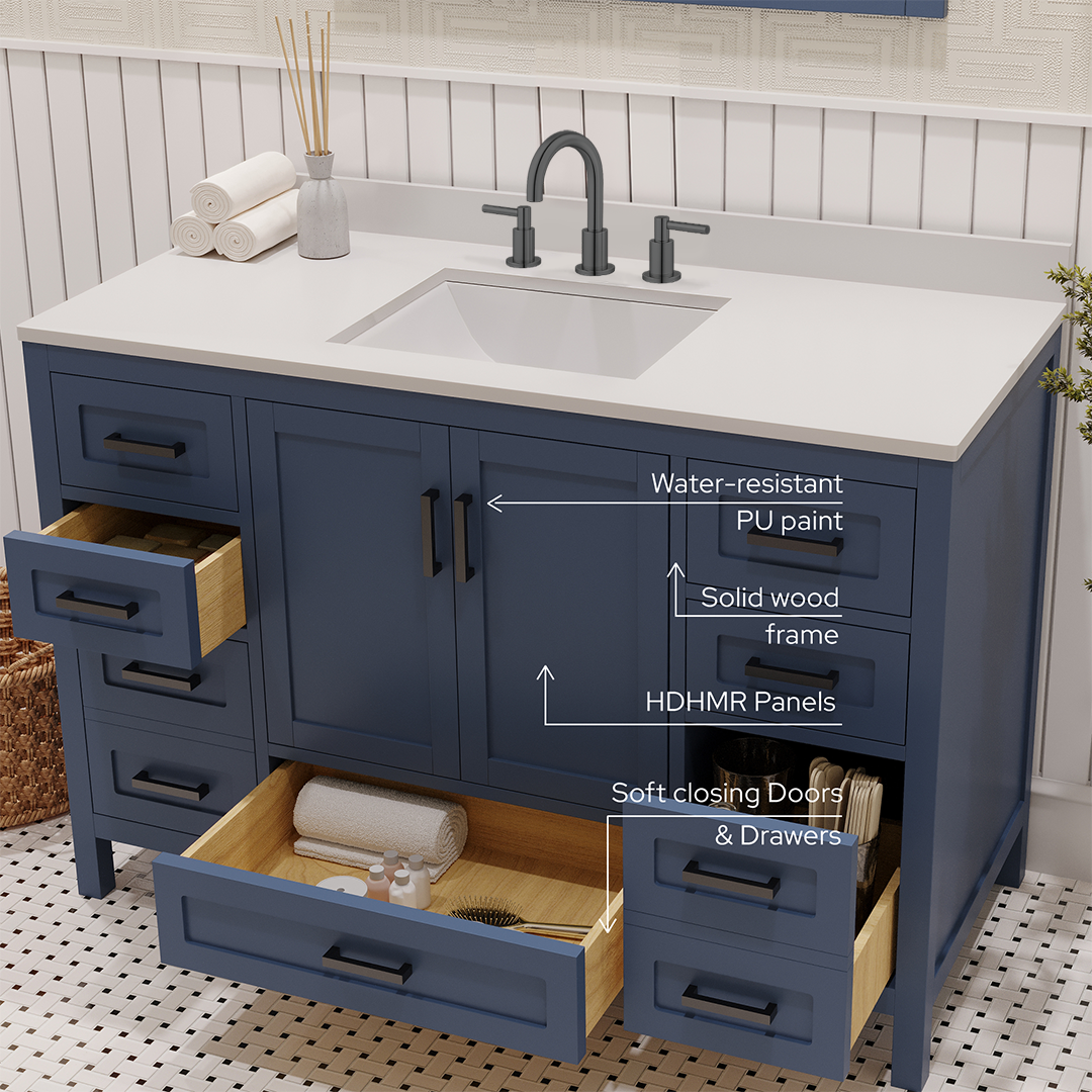 Rooh 48 Inch Solid Wood Bathroom Vanity with Undermount single Rectangle sink & White Quartz countertop 0.75 inch edge in white