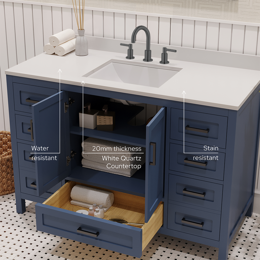Rooh 48 Inch Solid Wood Bathroom Vanity with Undermount single Rectangle sink & White Quartz countertop 0.75 inch edge in white