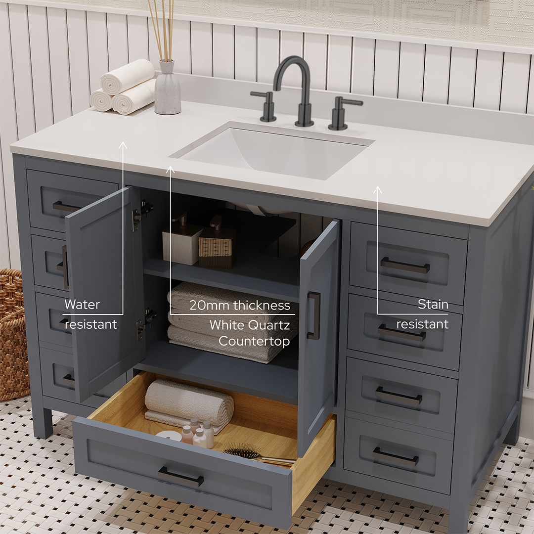 Rooh 48 Inch Solid Wood Bathroom Vanity with Undermount single Rectangle sink & White Quartz countertop 0.75 inch edge in white