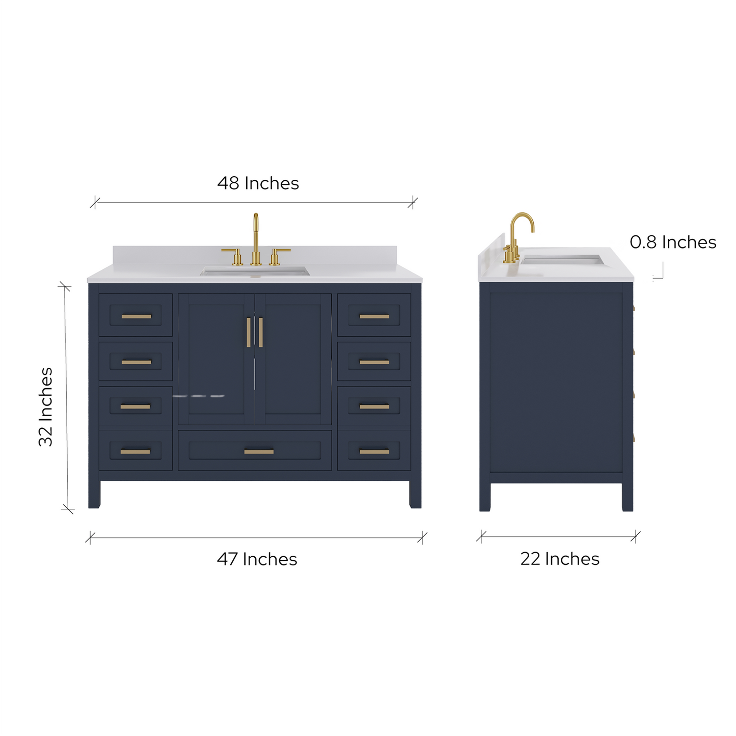 Rooh 48 Inch Solid Wood Bathroom Vanity with Undermount single Rectangle sink & White Quartz countertop 0.75 inch edge in white