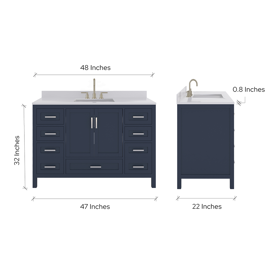 Rooh 48 Inch Solid Wood Bathroom Vanity with Undermount single Rectangle sink & White Quartz countertop 0.75 inch edge in white