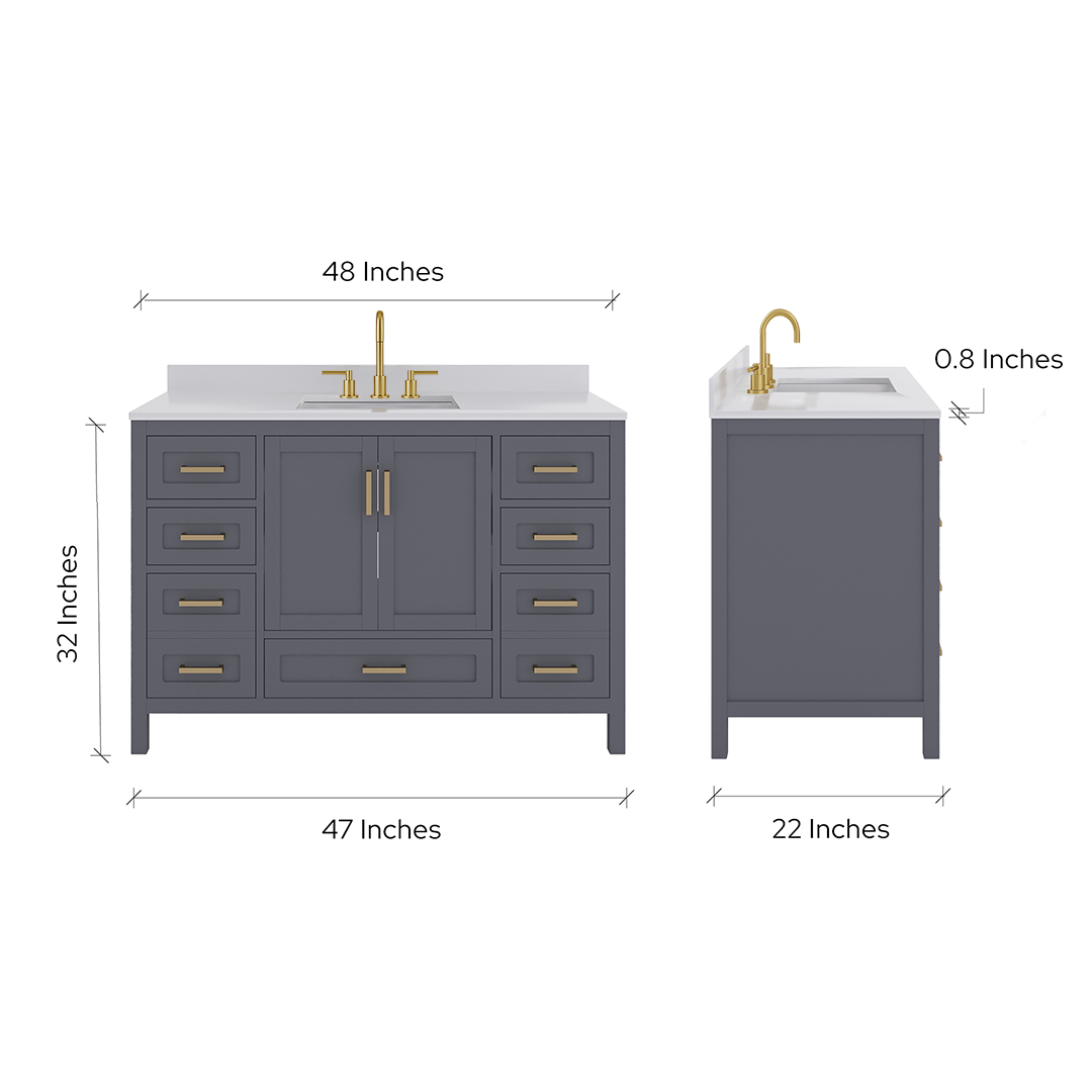 Rooh 48 Inch Solid Wood Bathroom Vanity with Undermount single Rectangle sink & White Quartz countertop 0.75 inch edge in white
