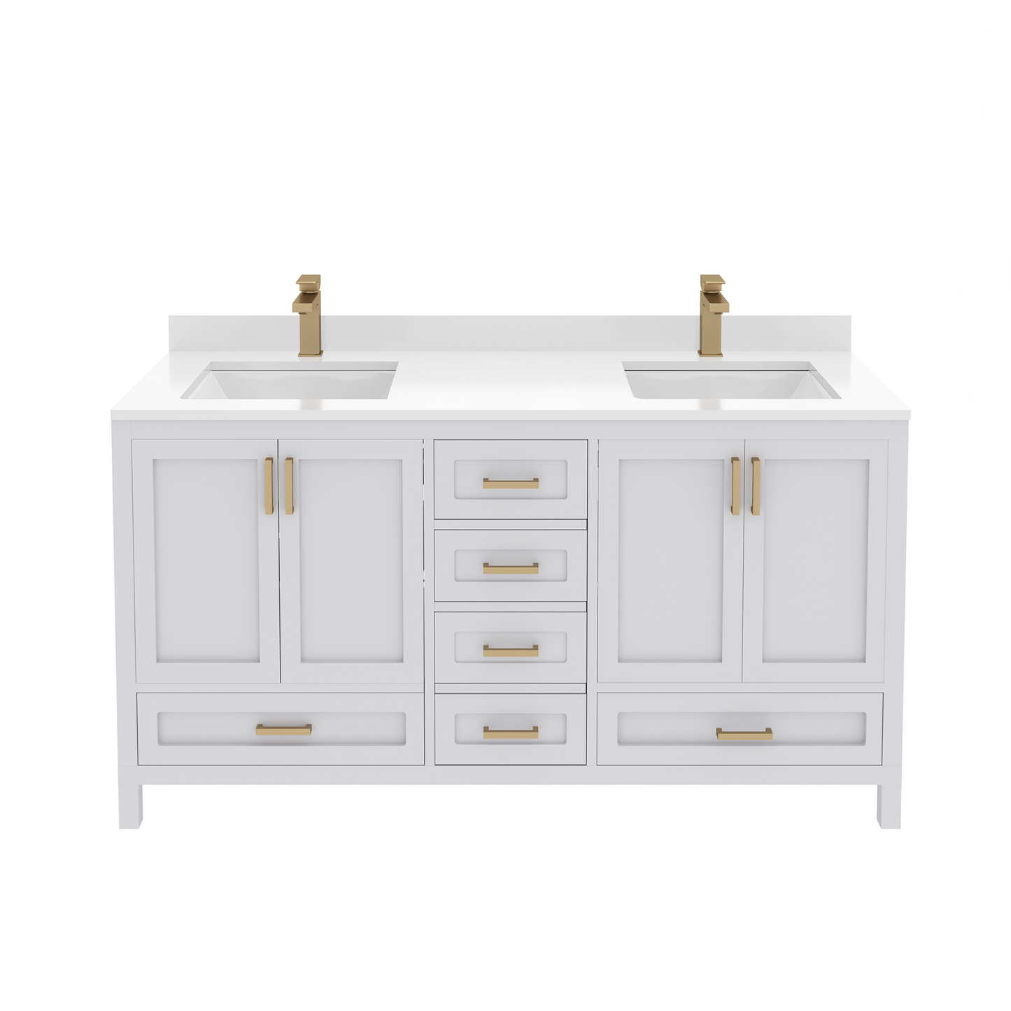 Rooh 60 Inch Solid Wood Bathroom Vanity with Undermount double Rectangle sinks & White Quartz countertop 0.75 inch edge in white