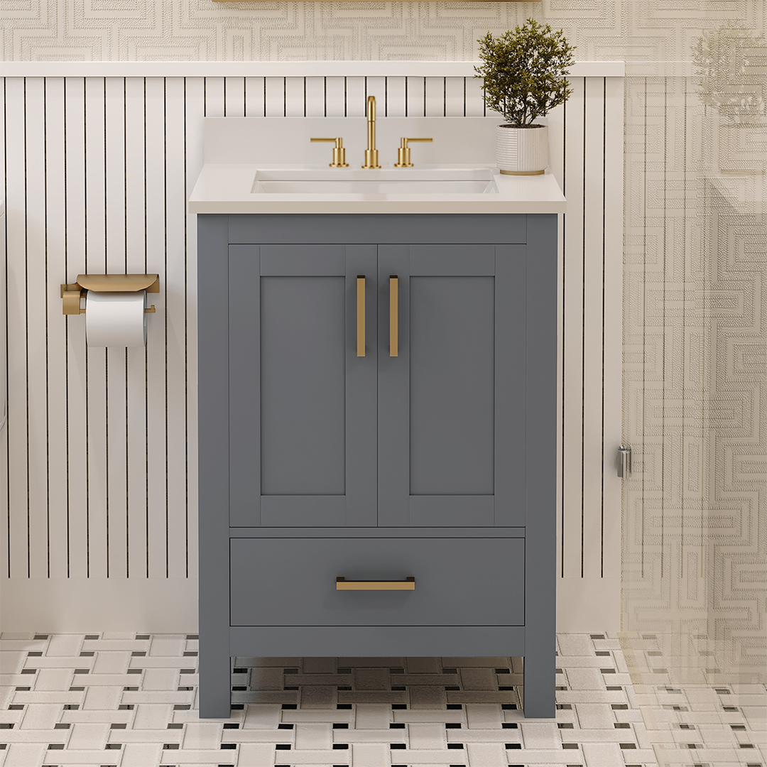 Rooh 24 Inch Solid Wood Bathroom Vanity with Undermount single Rectangle sink & White Quartz countertop 0.75 inch edge in white