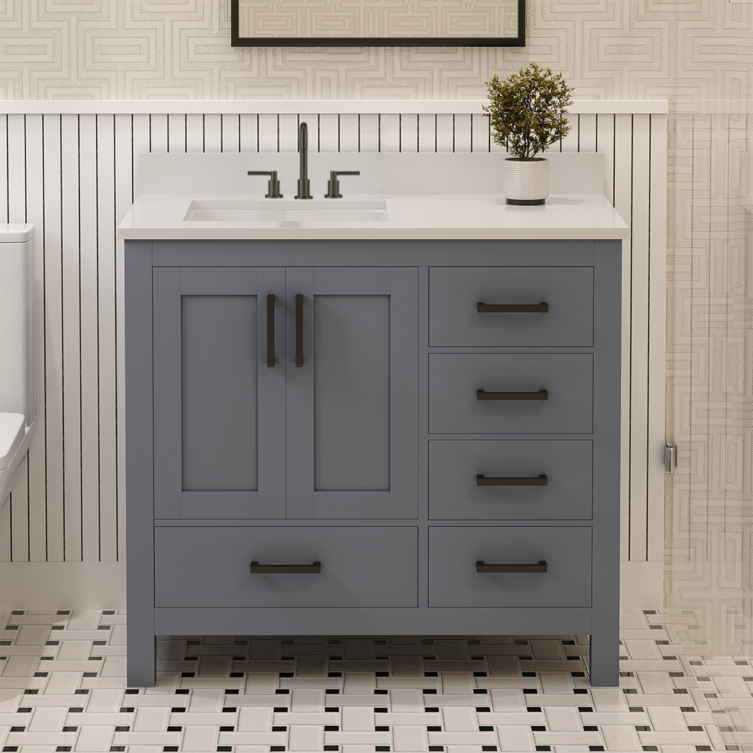 Rooh 36 Inch Left Solid Wood Single Bathroom Vanity with Undermount single Rectangle sink & White Quartz countertop 0.75 inch edge in white