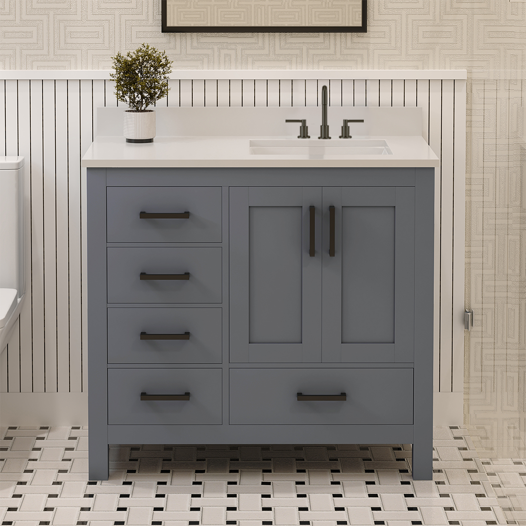 Rooh 36 Inch Right Solid Wood Single Bathroom Vanity with Undermount single Rectangle sink & White Quartz countertop 0.75 inch edge in white