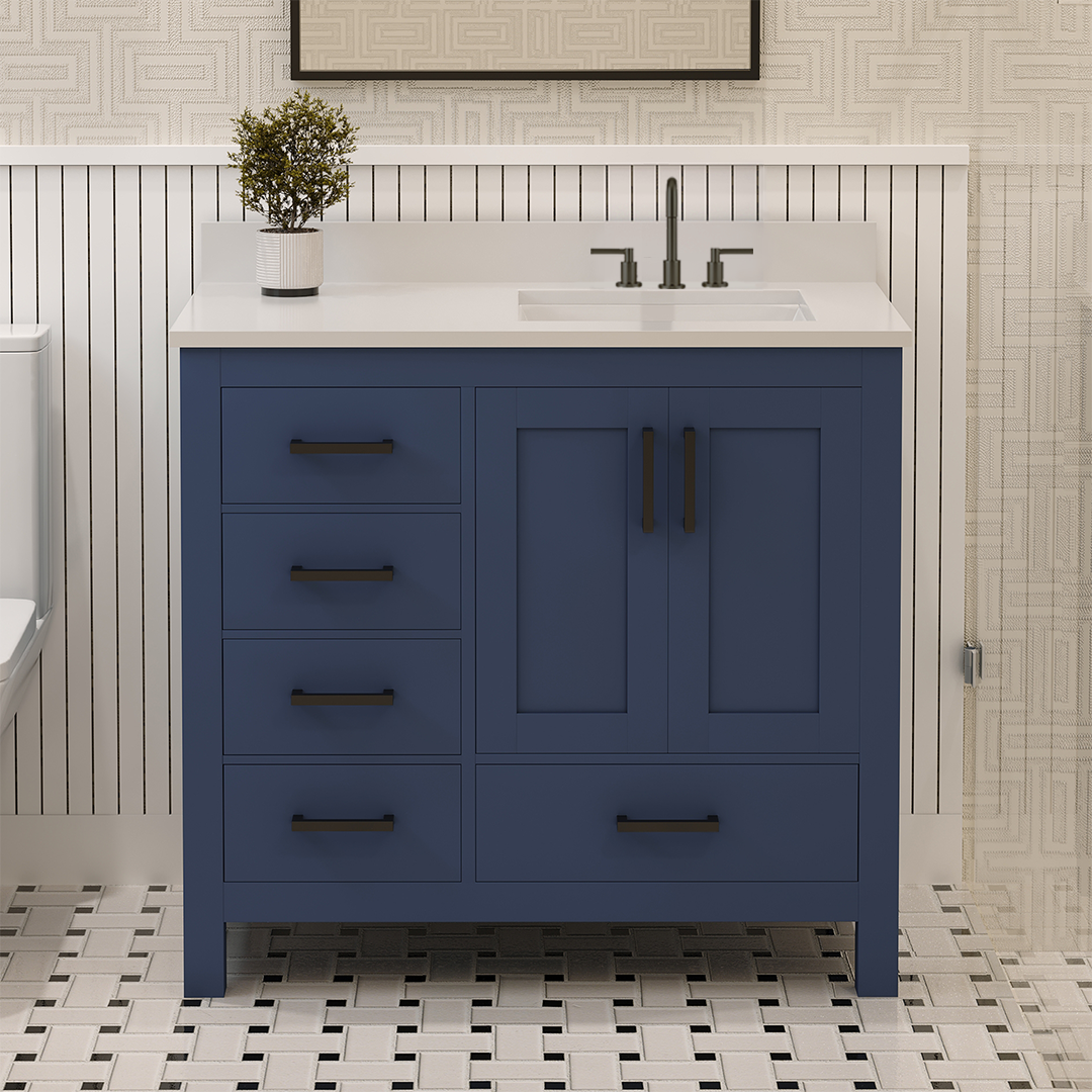 Rooh 36 Inch Right Solid Wood Single Bathroom Vanity with Undermount single Rectangle sink & White Quartz countertop 0.75 inch edge in white