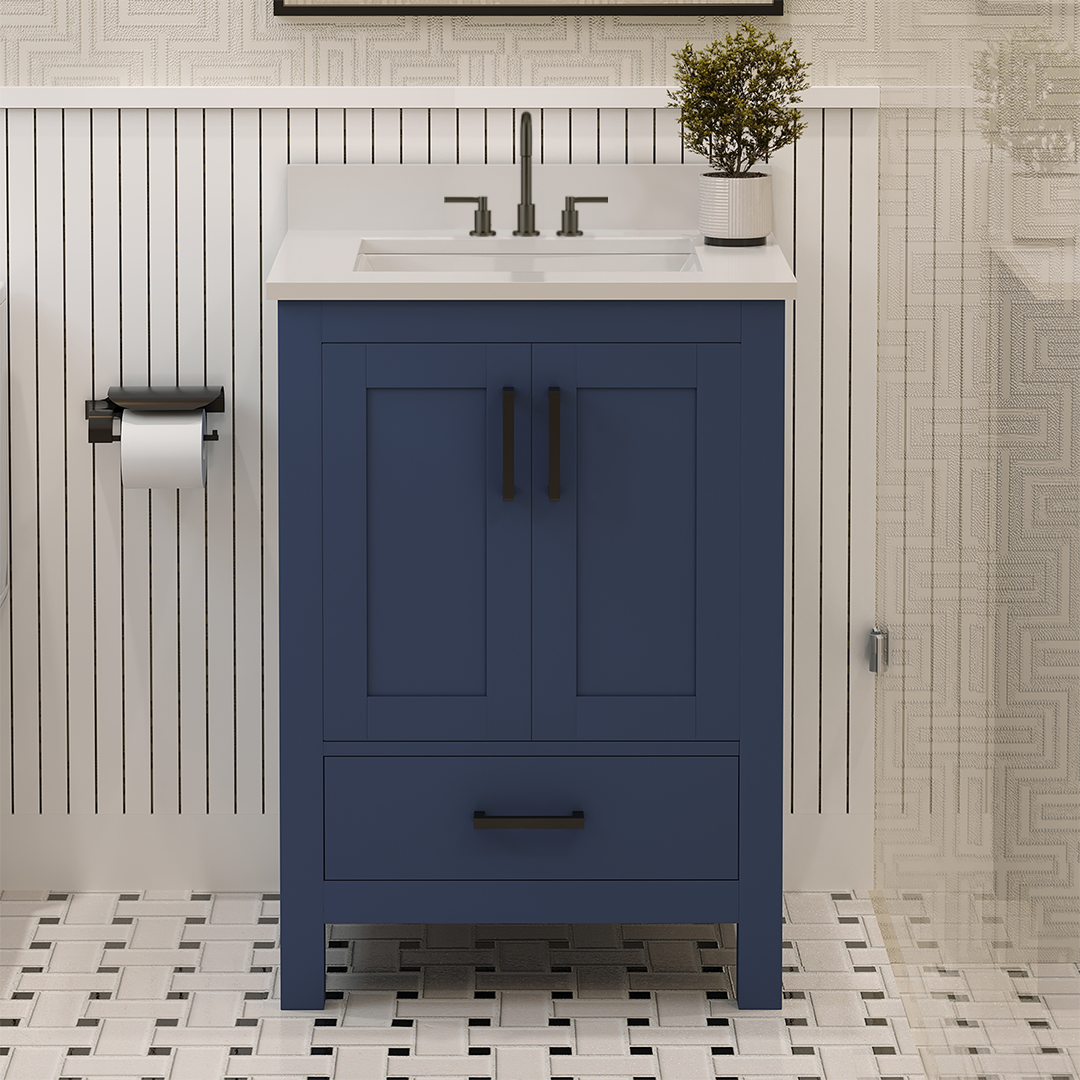 Rooh 24 Inch Solid Wood Bathroom Vanity with Undermount single Rectangle sink & White Quartz countertop 0.75 inch edge in white
