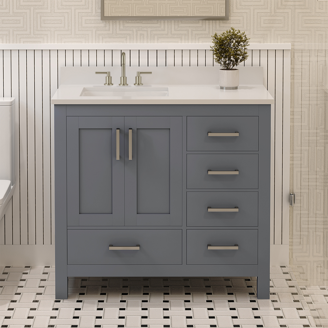 Rooh 36 Inch Left Solid Wood Single Bathroom Vanity with Undermount single Rectangle sink & White Quartz countertop 0.75 inch edge in white