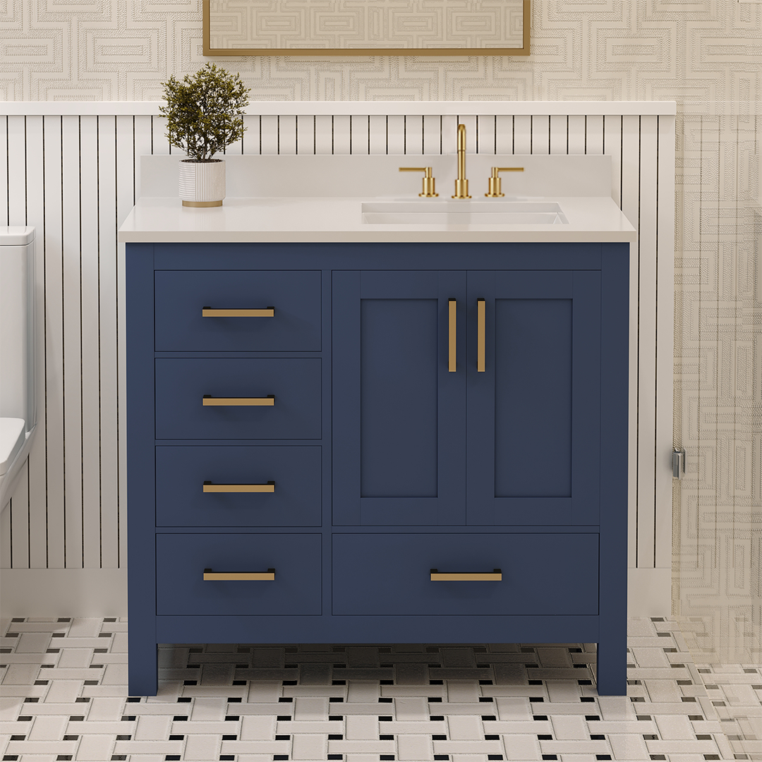 Rooh 36 Inch Right Solid Wood Single Bathroom Vanity with Undermount single Rectangle sink & White Quartz countertop 0.75 inch edge in white