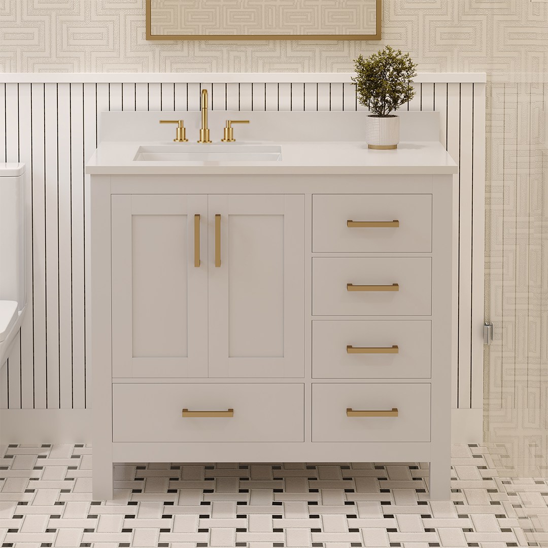 Rooh 36 Inch Left Solid Wood Single Bathroom Vanity with Undermount single Rectangle sink & White Quartz countertop 0.75 inch edge in white