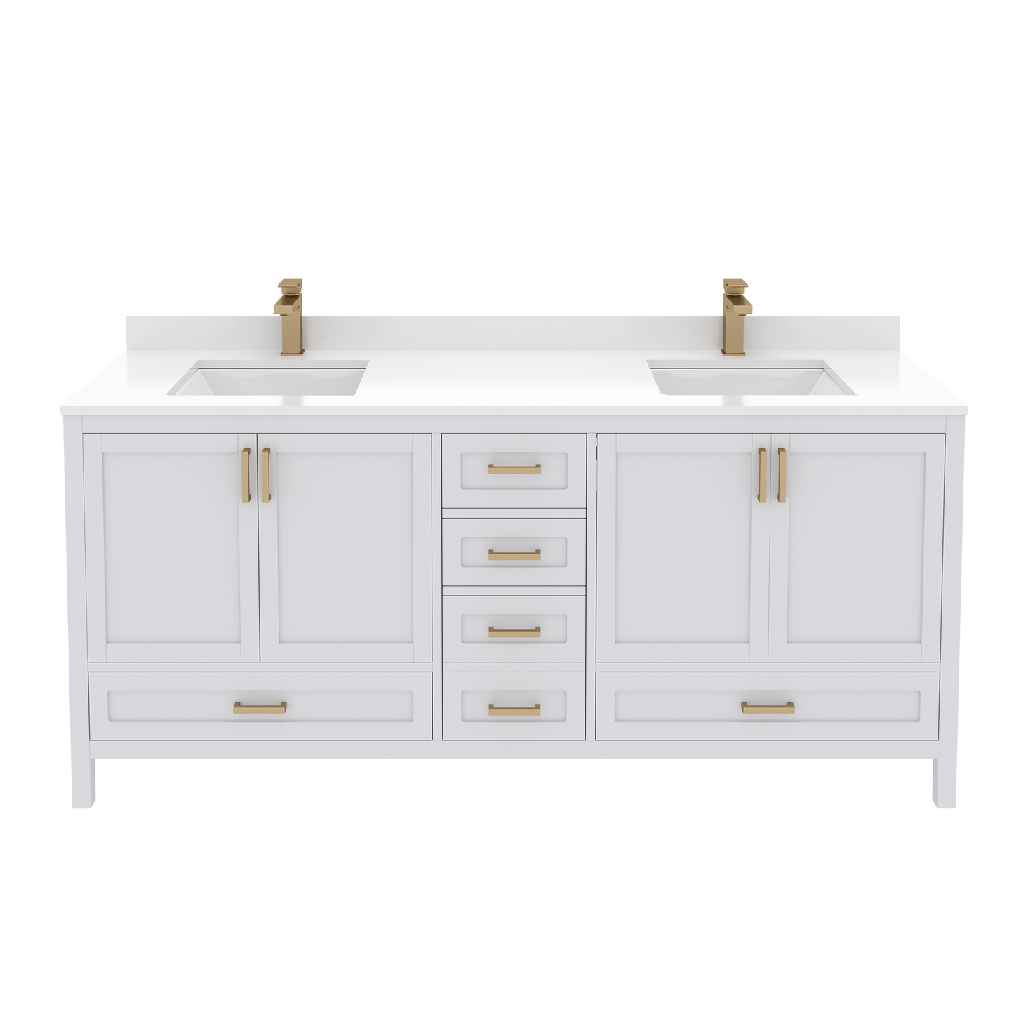 Rooh 72 Inch Solid Wood Bathroom Vanity with Undermount double Rectangle sinks & White Quartz countertop 0.75 inch edge in white
