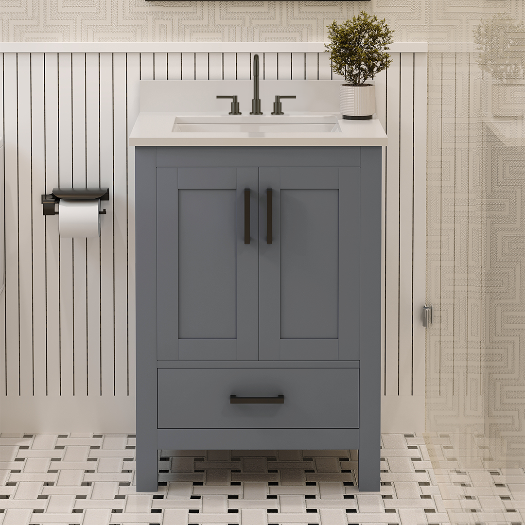 Rooh 24 Inch Solid Wood Bathroom Vanity with Undermount single Rectangle sink & White Quartz countertop 0.75 inch edge in white