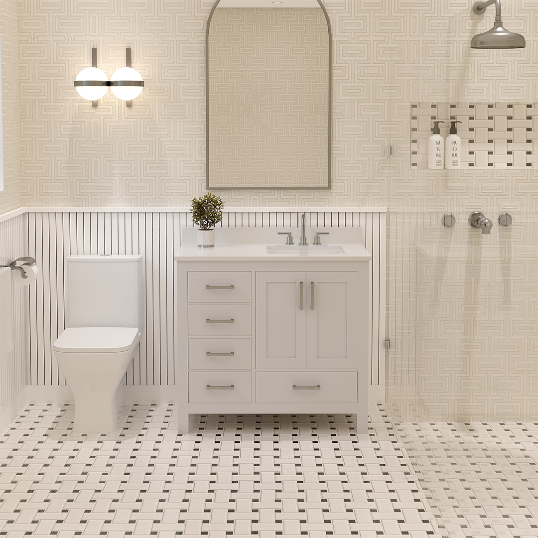 Rooh 36 Inch Right Solid Wood Single Bathroom Vanity with Undermount single Rectangle sink & White Quartz countertop 0.75 inch edge in white