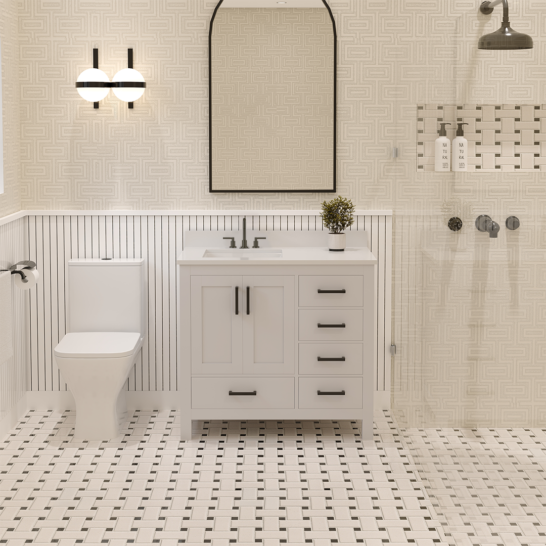 Rooh 36 Inch Left Solid Wood Single Bathroom Vanity with Undermount single Rectangle sink & White Quartz countertop 0.75 inch edge in white