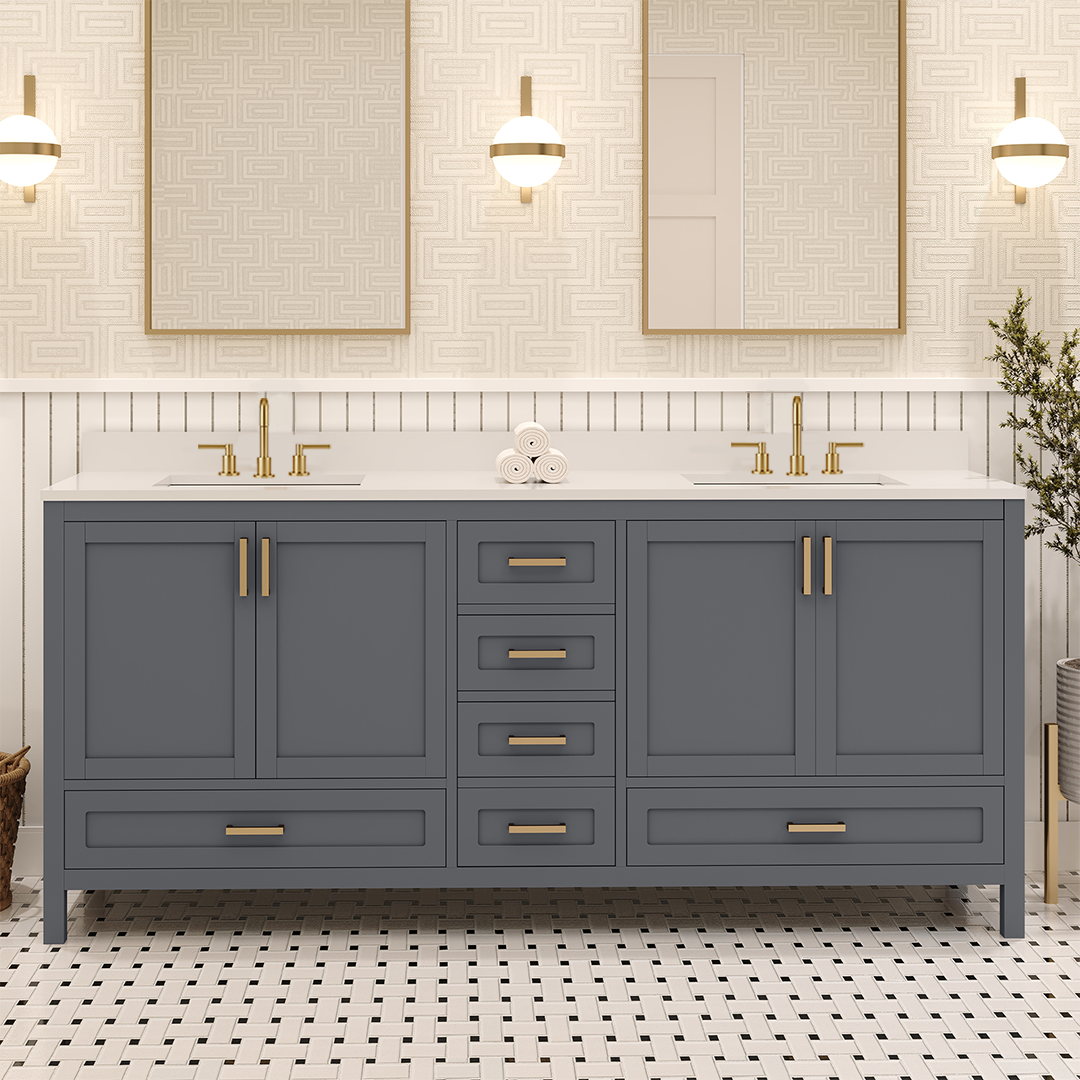 Rooh 72 Inch Solid Wood Bathroom Vanity with Undermount double Rectangle sinks & White Quartz countertop 0.75 inch edge in white