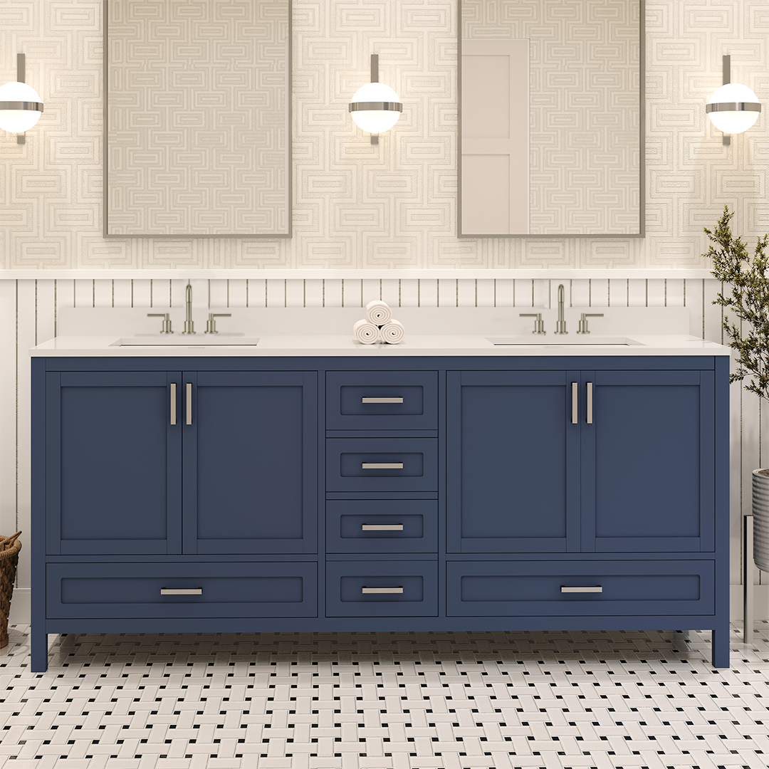 Rooh 72 Inch Solid Wood Bathroom Vanity with Undermount double Rectangle sinks & White Quartz countertop 0.75 inch edge in white